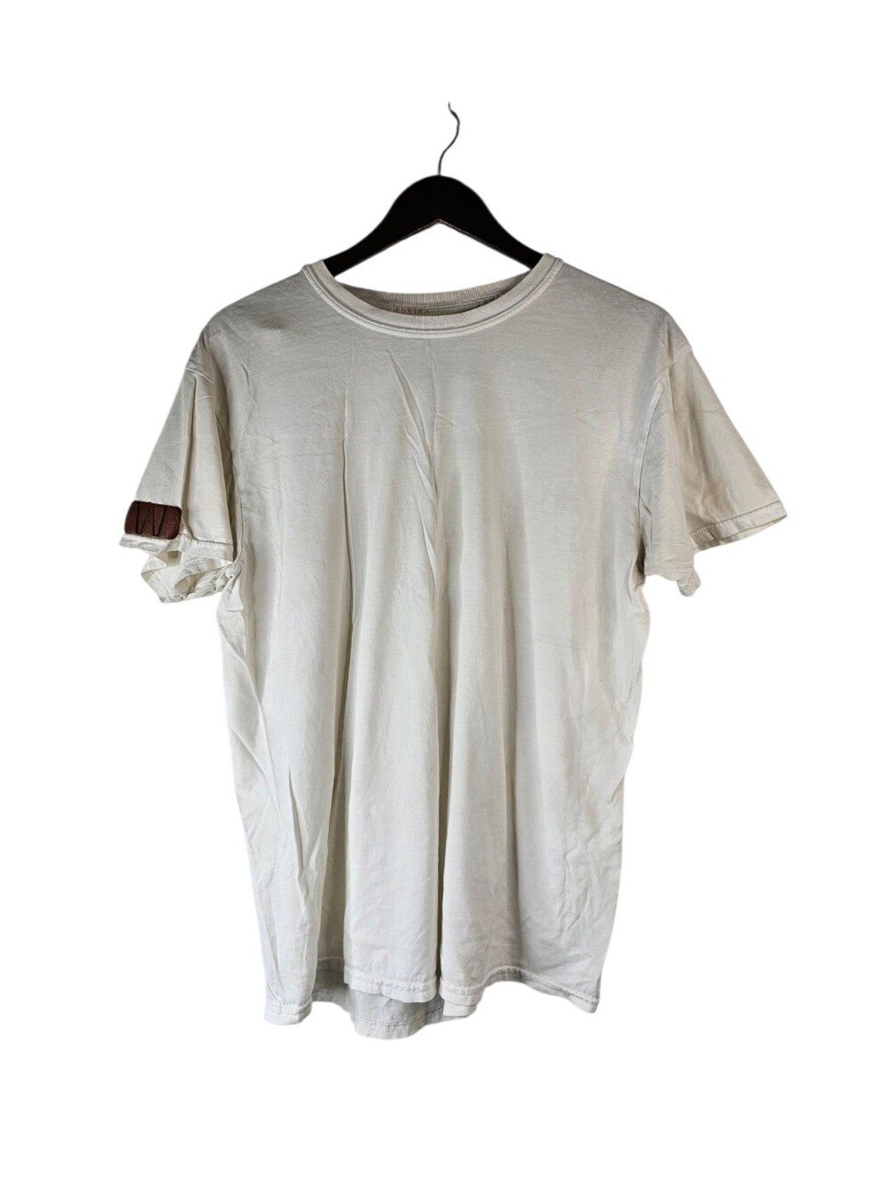 George Mens Large Ivory T-Shirt Genuine Leather Sleeve Patch Crew Neck Tee